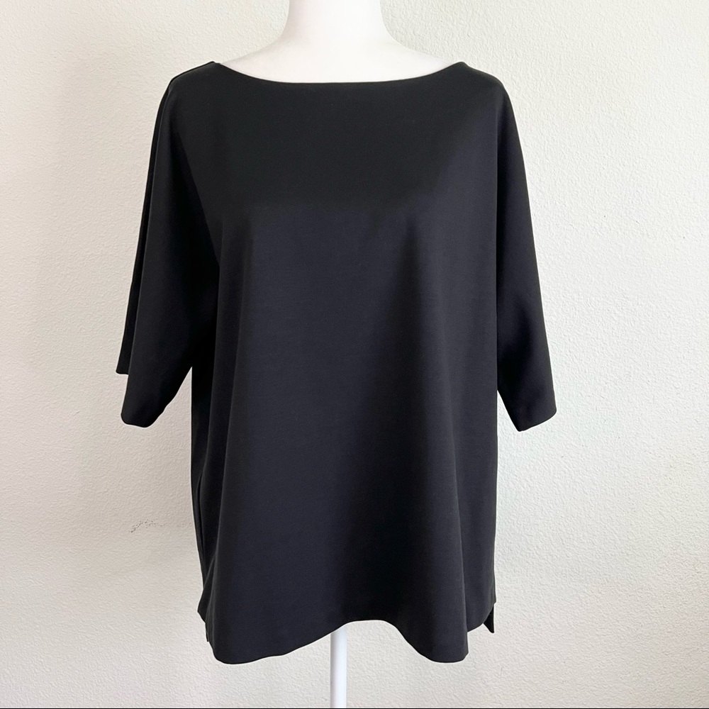 Eileen Fisher Black Modest Boat Neck 3/4 Sleeves Ponte Knit Stretch Top XL